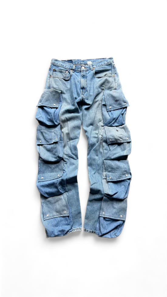 Hand Reworked Baggy Stitched Pocket Denim Jeans By DTurner 32x34