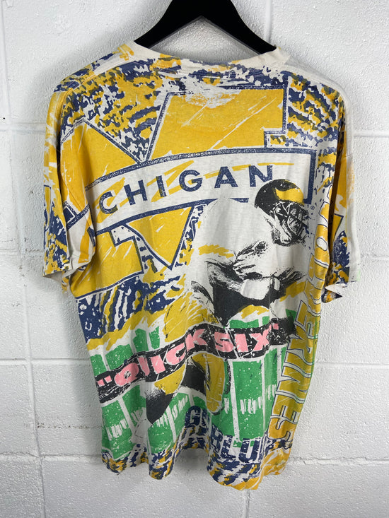 Load image into Gallery viewer, VTG Michigan Wolverines &amp;quot;Quick Six&amp;quot; AOP Tee Sz L
